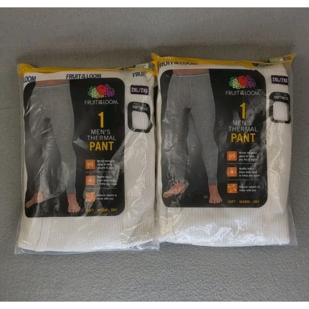 Fruit of the Loom Men's Thermal Pants 2XL White Long Johns 2 Pack NIP